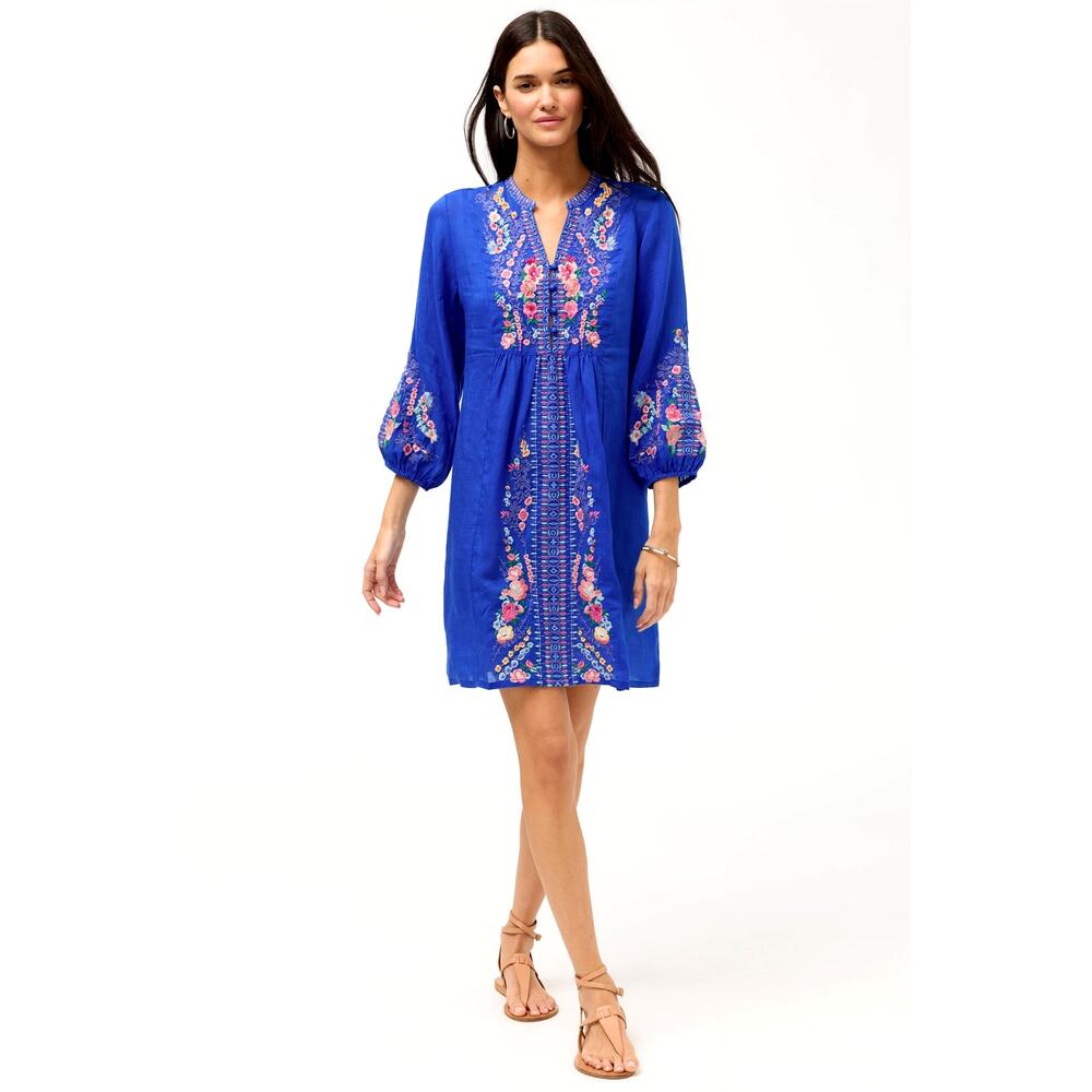 Johnny Was Floral Embroidered Blue Button Front Yoke Dress L